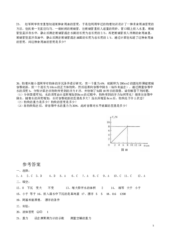 新人教版浮力单元测试题及参考答案.doc