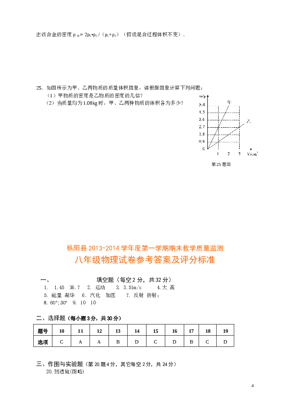人教版八年级第一学期期末教学质量验收物理试卷（含答案）.doc