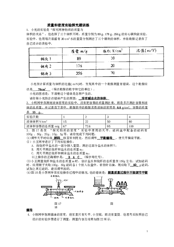 质量和密度实验探究题训练(附答案).doc