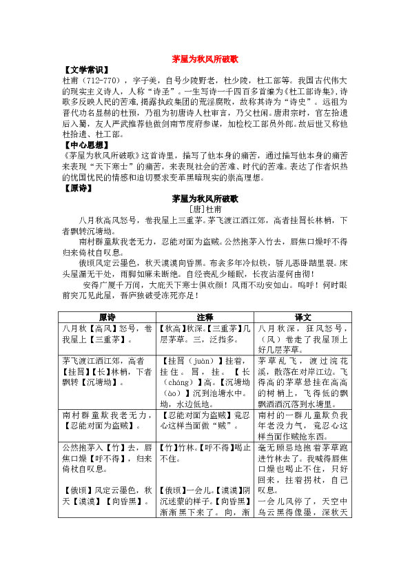 初二语文下册 24杜甫《茅屋为秋风所破歌》中考知识点全扫描.doc