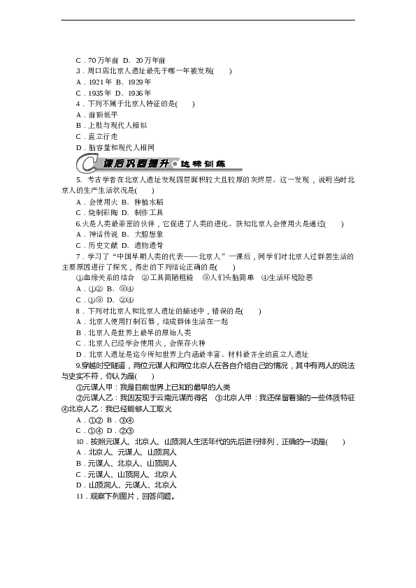 7年级上册历史同步练习题第1课中国早期人类的代表&mdash;&mdash;北京人 习题 含答案.doc