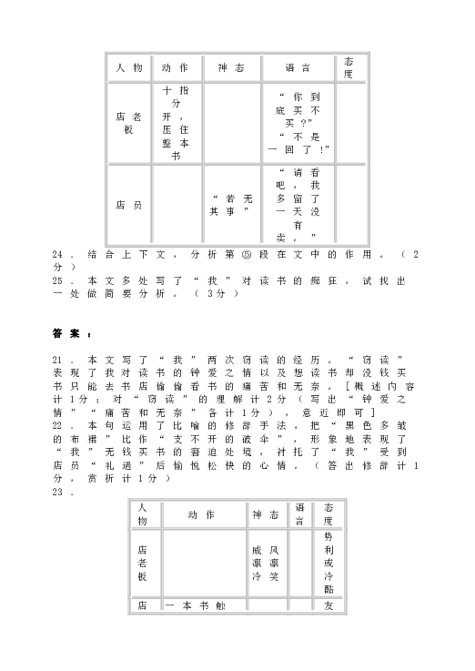 人教版语文初一上册11窃读记  阅读练习同步.doc