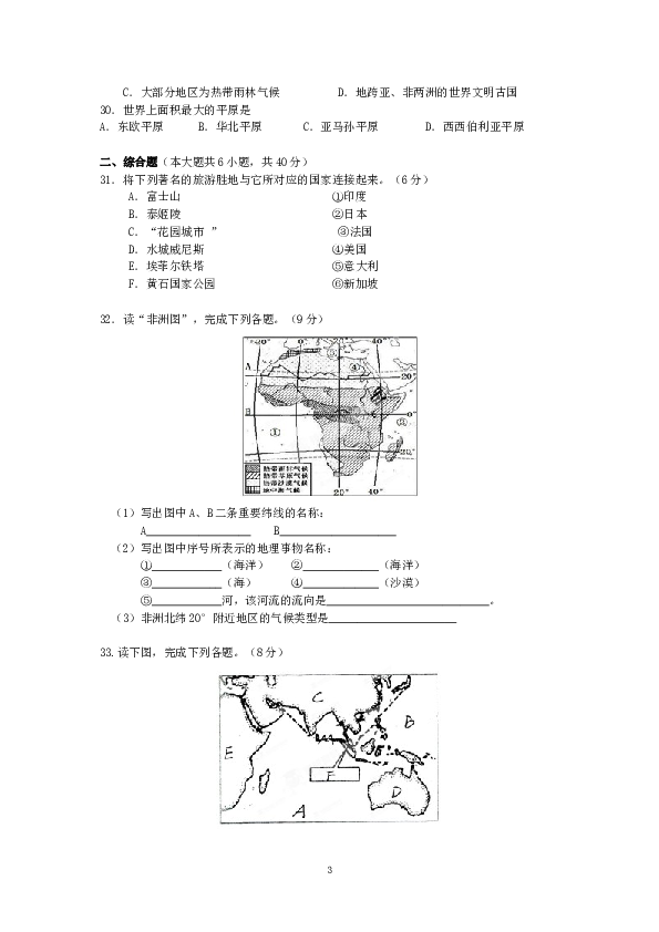 云南省文山州富宁花甲中学下学期初中七年级期末考试地理试卷.doc