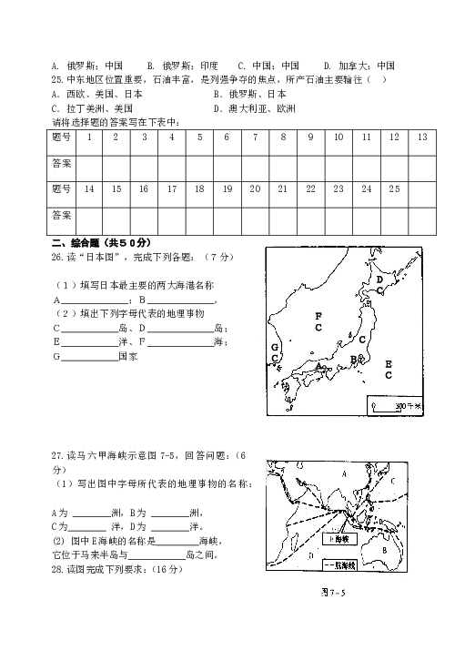 七年级第二学期期中考试试题地理试题1.doc