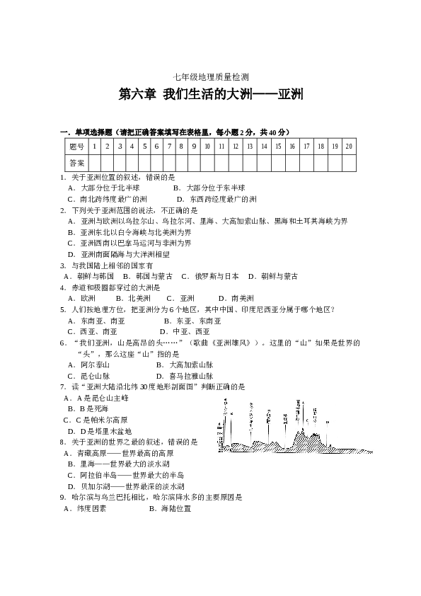 七年级地理质量检测七年级下册第6章.doc