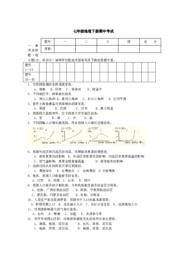 七年级地理下册期中考试4.doc