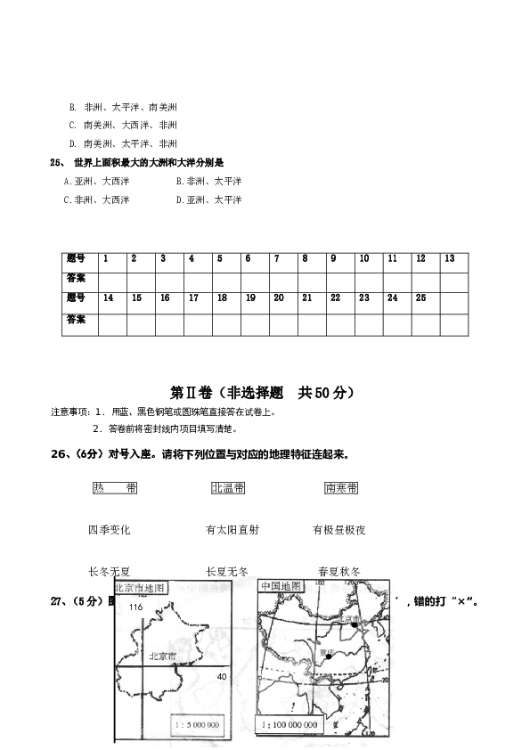 山东省济南市第一学期七年级期中测试地理试.doc