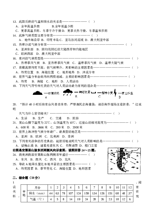 七年级地理同步练习（天气与气候.doc