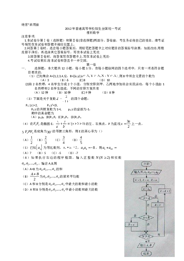 2012年理科数学海南省高考真题含答案.doc