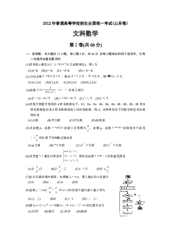 2012年山东高考文科数学真题及答案.doc