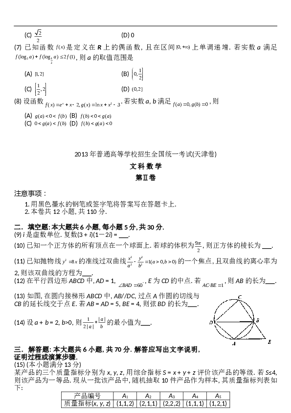 2013年天津高考文科数学试题及答案(Word版).doc