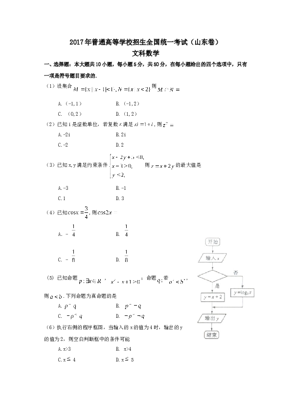 2017年山东高考文科数学真题及答案.doc