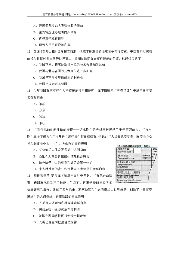 2007年上海市高中毕业统一学业考试政治试卷（word版）.doc