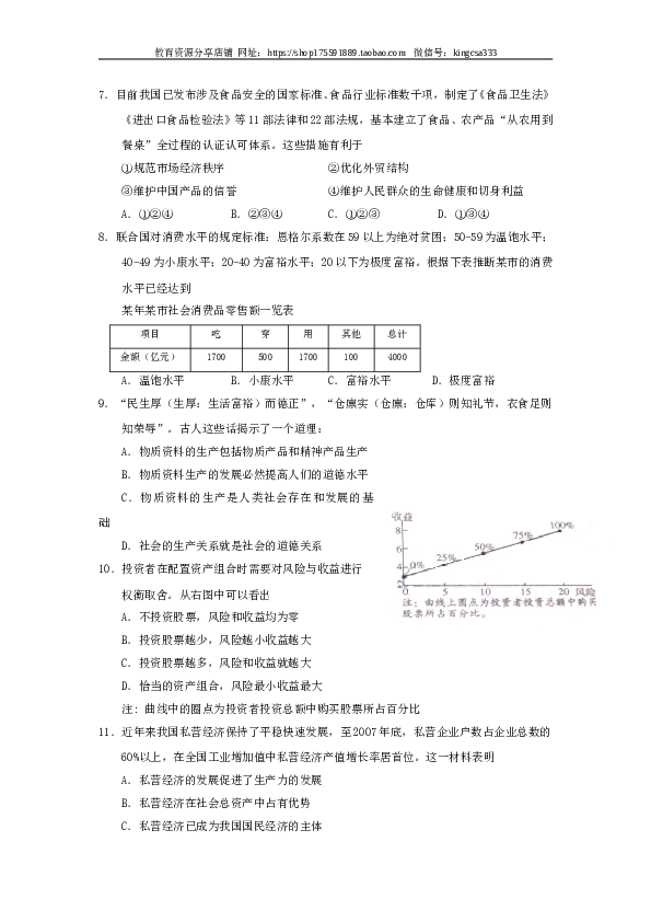 2008年上海市高中毕业统一学业考试政治试卷（word版）.doc