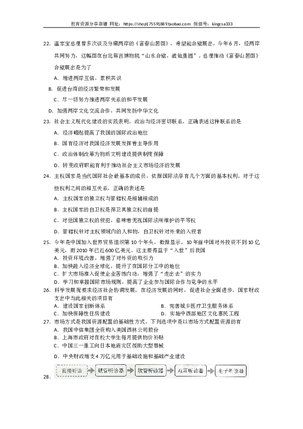 2011年上海市高中毕业统一学业考试政治试卷（word版）.doc