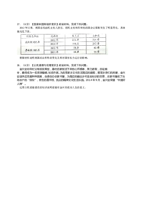 2015年海南省高考政治试题及答案.doc