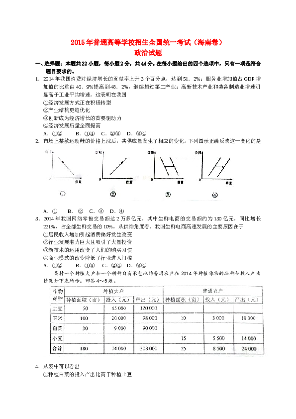 2015年海南省高考政治试题及答案.doc