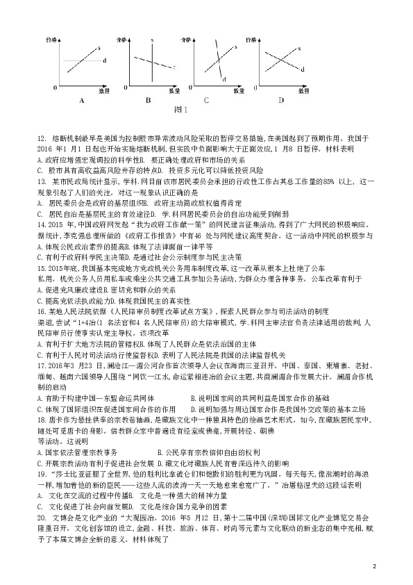 2016年江苏高考政治试题和答案.doc