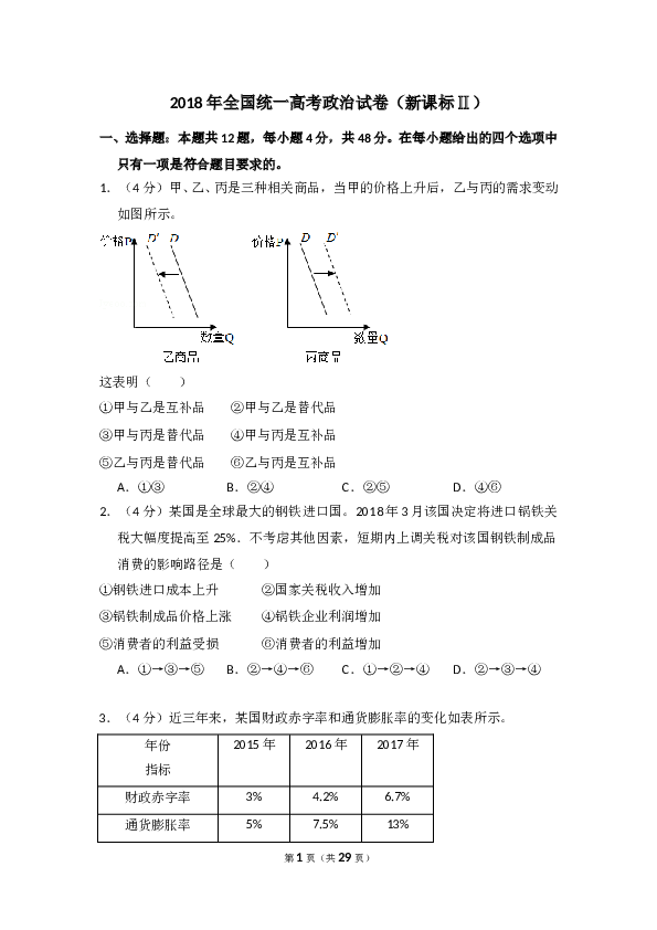 2018年全国统一高考政治试卷（新课标ⅱ）（含解析版）.doc