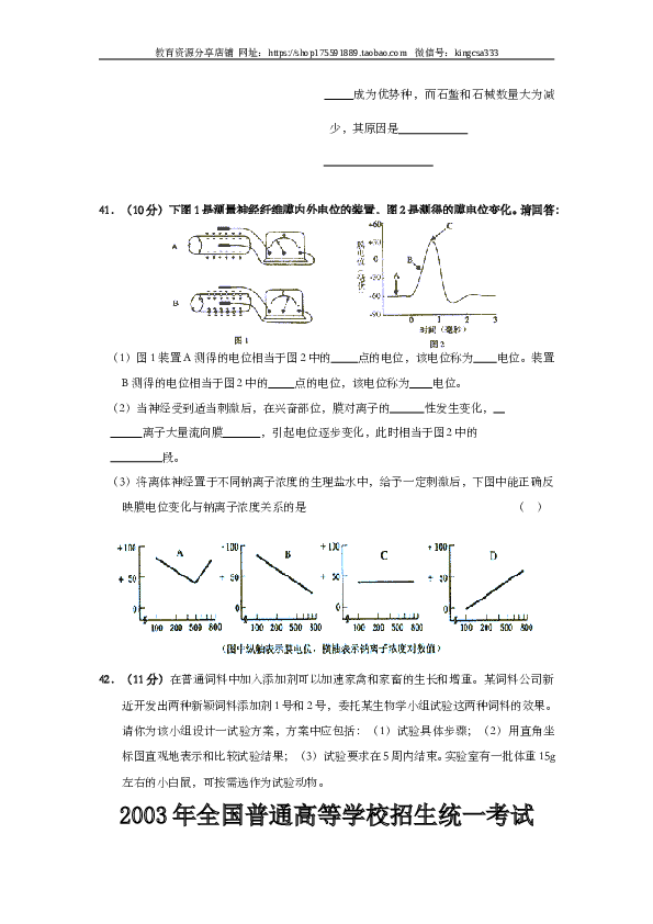 2003年上海市高中毕业统一学业考试生物试卷（word版）.doc