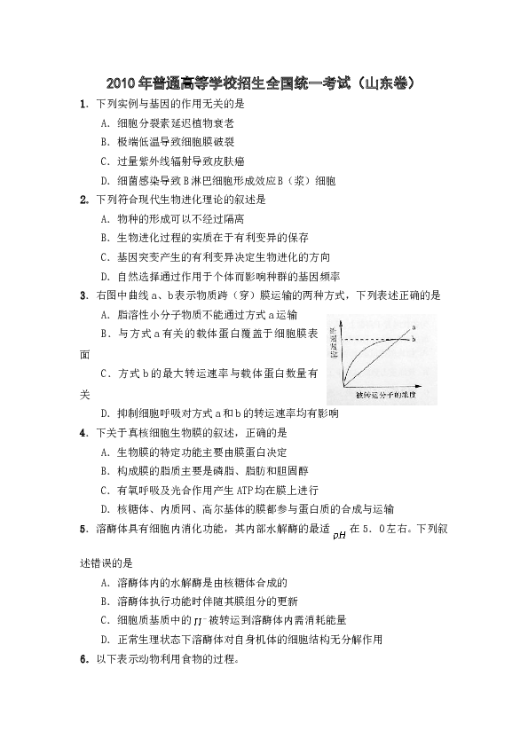 2010年山东高考生物真题试卷(含答案).doc