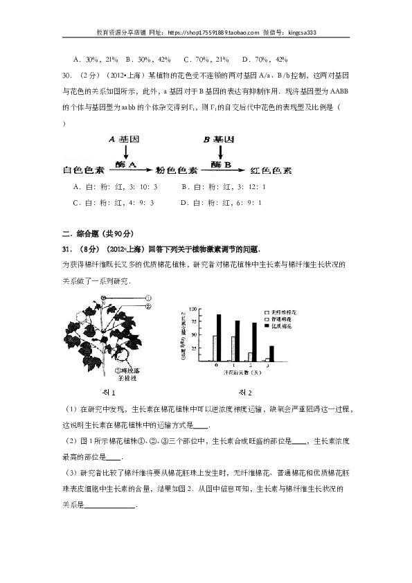 2012年上海市高中毕业统一学业考试生物试卷（word解析版）.doc