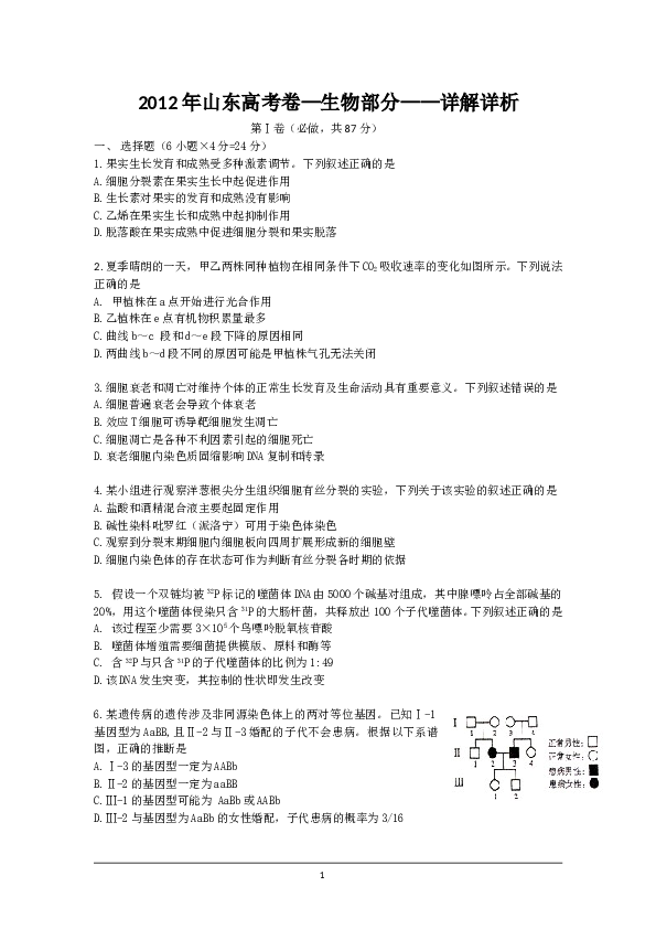 2012年山东高考生物真题试卷(含答案).doc