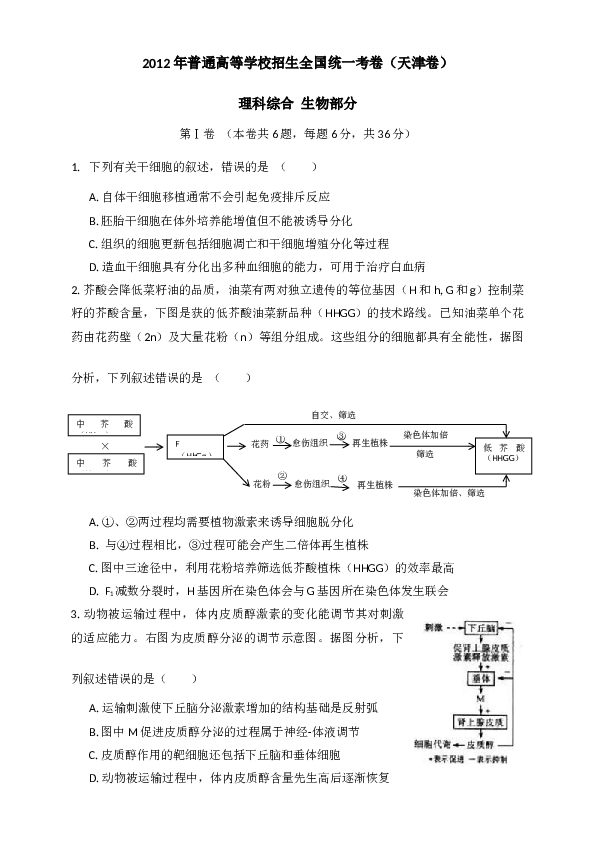 2012年天津高考生物试题及答案.docx