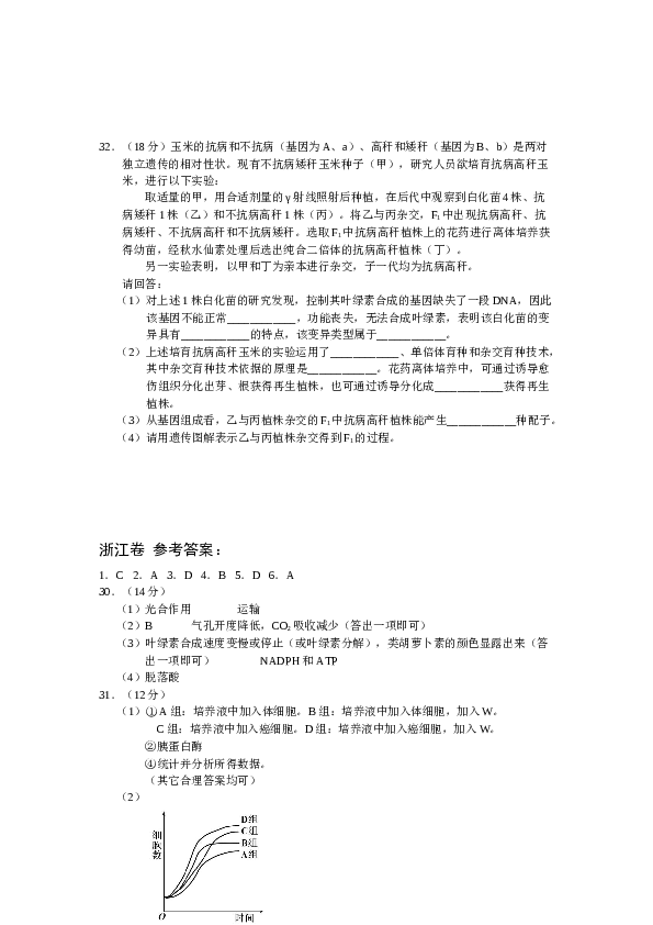 2012年浙江省高考理综生物试题与答案.docx