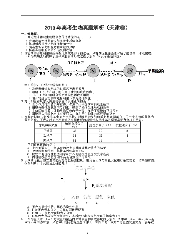 2013年天津高考生物试题及答案.doc