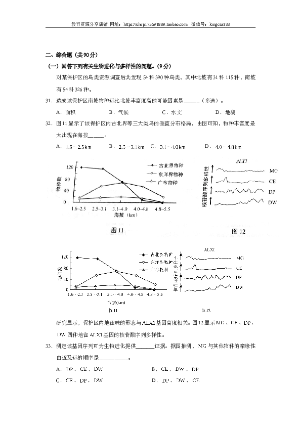 2015年上海市高中毕业统一学业考试生物试卷（word解析版）.doc