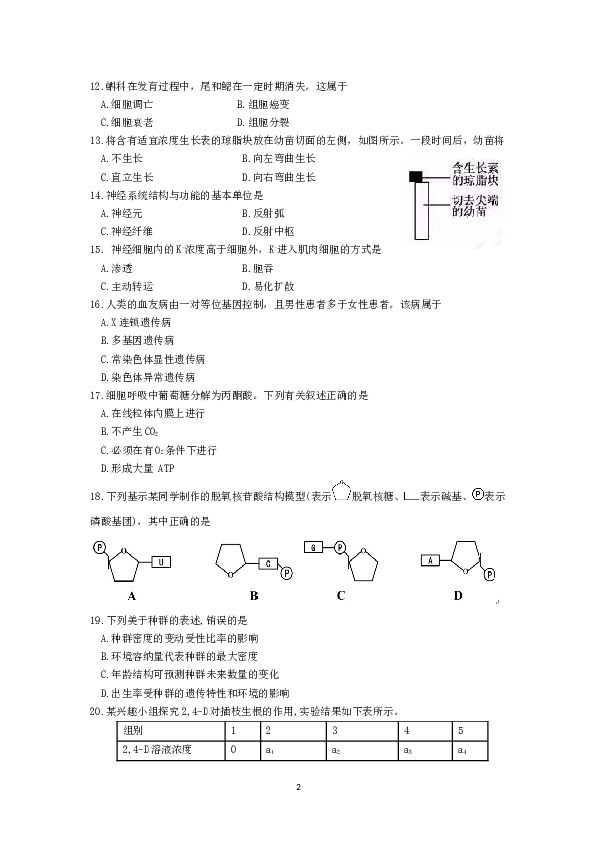 2016年4月浙江省生物选考试卷和答案.doc