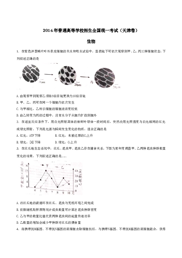 2016年天津高考生物试题及答案.doc