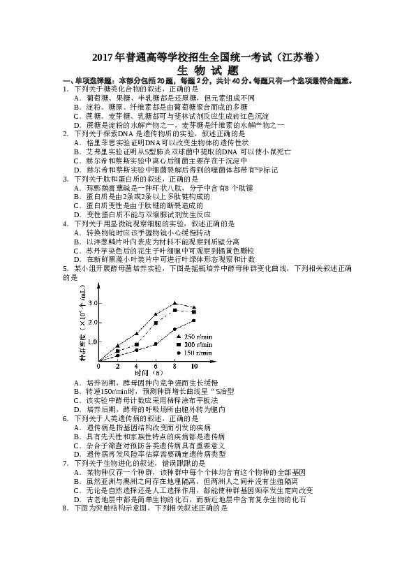 2017年江苏高考生物试卷及答案.doc