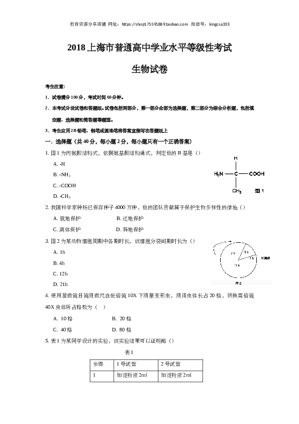 2018年上海市高中毕业统一学业考试生物试卷（word版）.doc