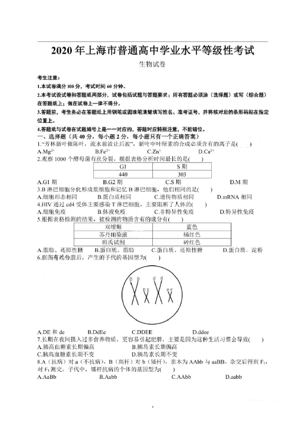 2020年上海市普通高中学业水平等级性考试生物试卷（pdf，有答案）.pdf