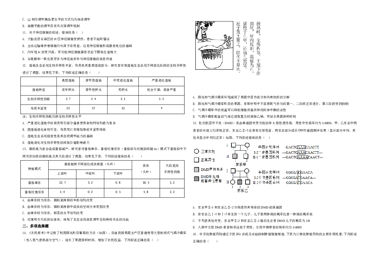 2021年河北高考生物试卷（新高考）A3 Word版（原卷版）.doc