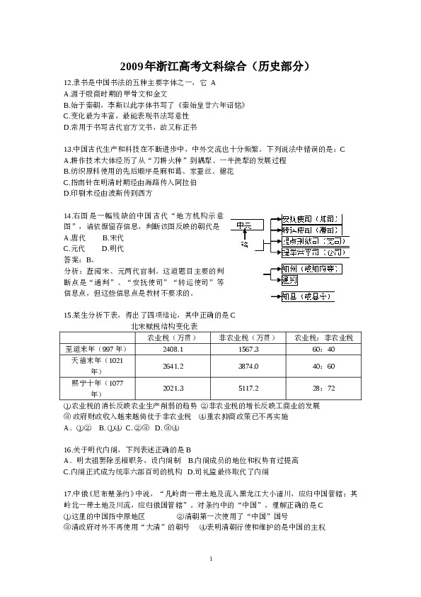 2009年高考浙江文综历史部分(附答案).doc