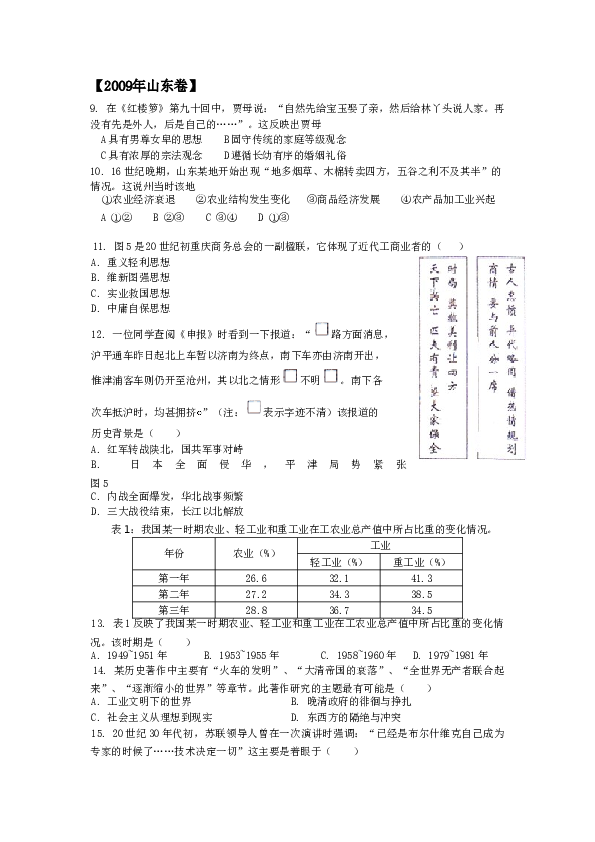 2009山东高考历史试题及答案.doc