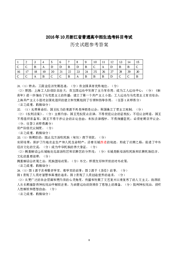 2016年10月浙江省历史选考试题及参考答案.doc