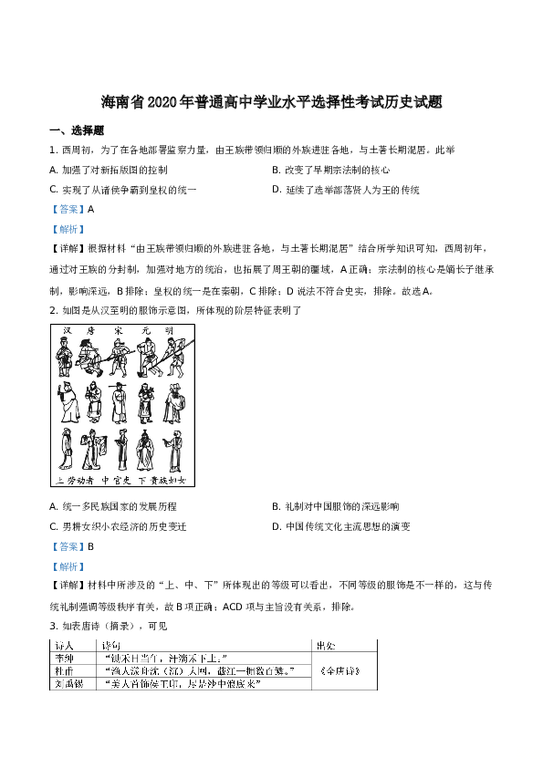 2020高考海南卷历史试题(含答案).doc