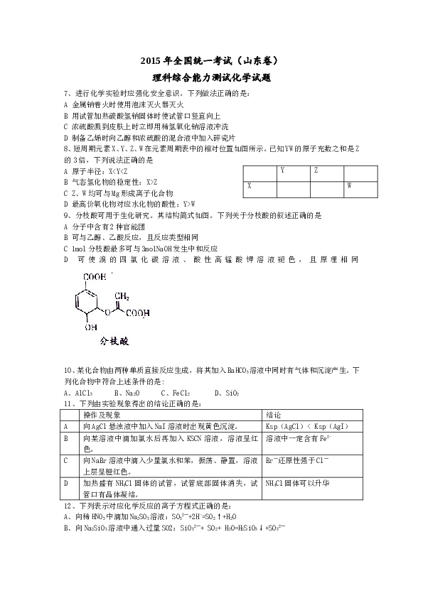 山东2015山东高考理综化学试题及答案.doc