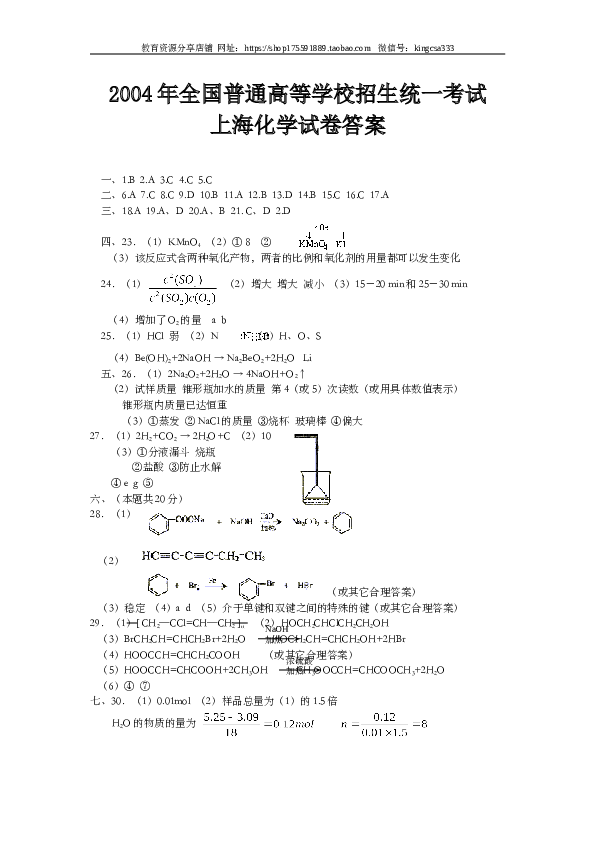 上海2004年上海市高中毕业统一学业考试化学试卷（word版）.doc
