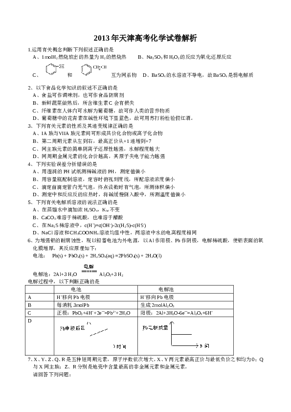 天津2013年天津高考理综化学试题含答案WORD.doc