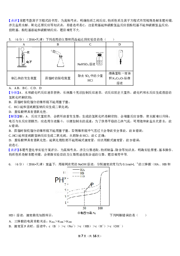 天津2016年天津高考理综化学试题含答案WORD.doc