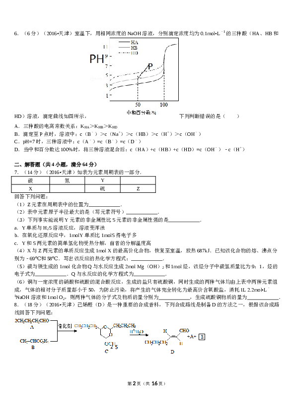 天津2016年天津高考理综化学试题含答案WORD.doc