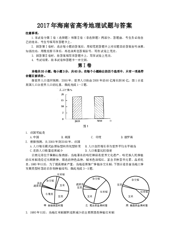 2017年高考地理试题及答案(海南卷).doc