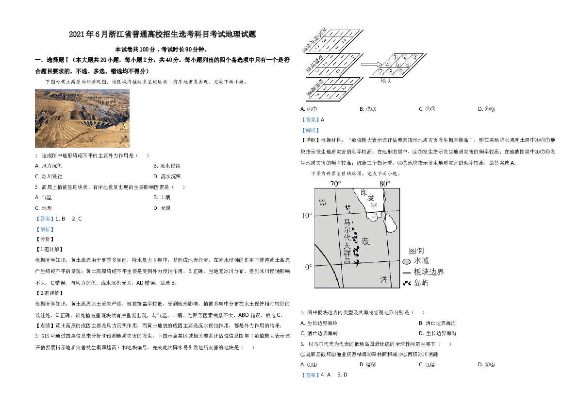 2021年6月浙江省普通高校招生选考科目考试地理试题（解析版）.doc