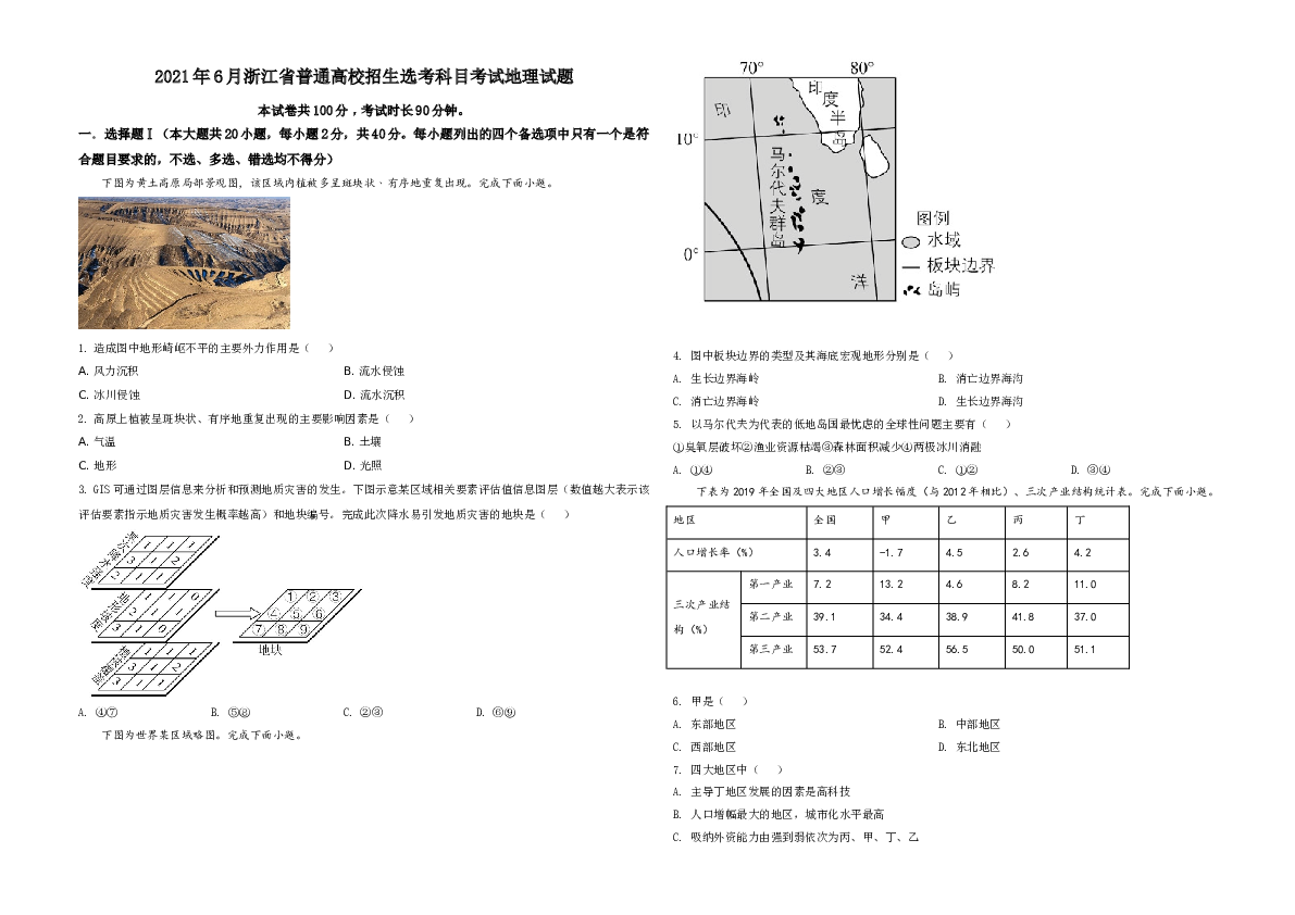 2021年6月浙江省普通高校招生选考科目考试地理试题（原卷版）.doc