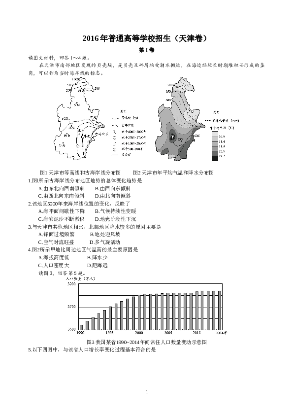 天津2016年天津高考文综卷(地理部分)及答案.doc
